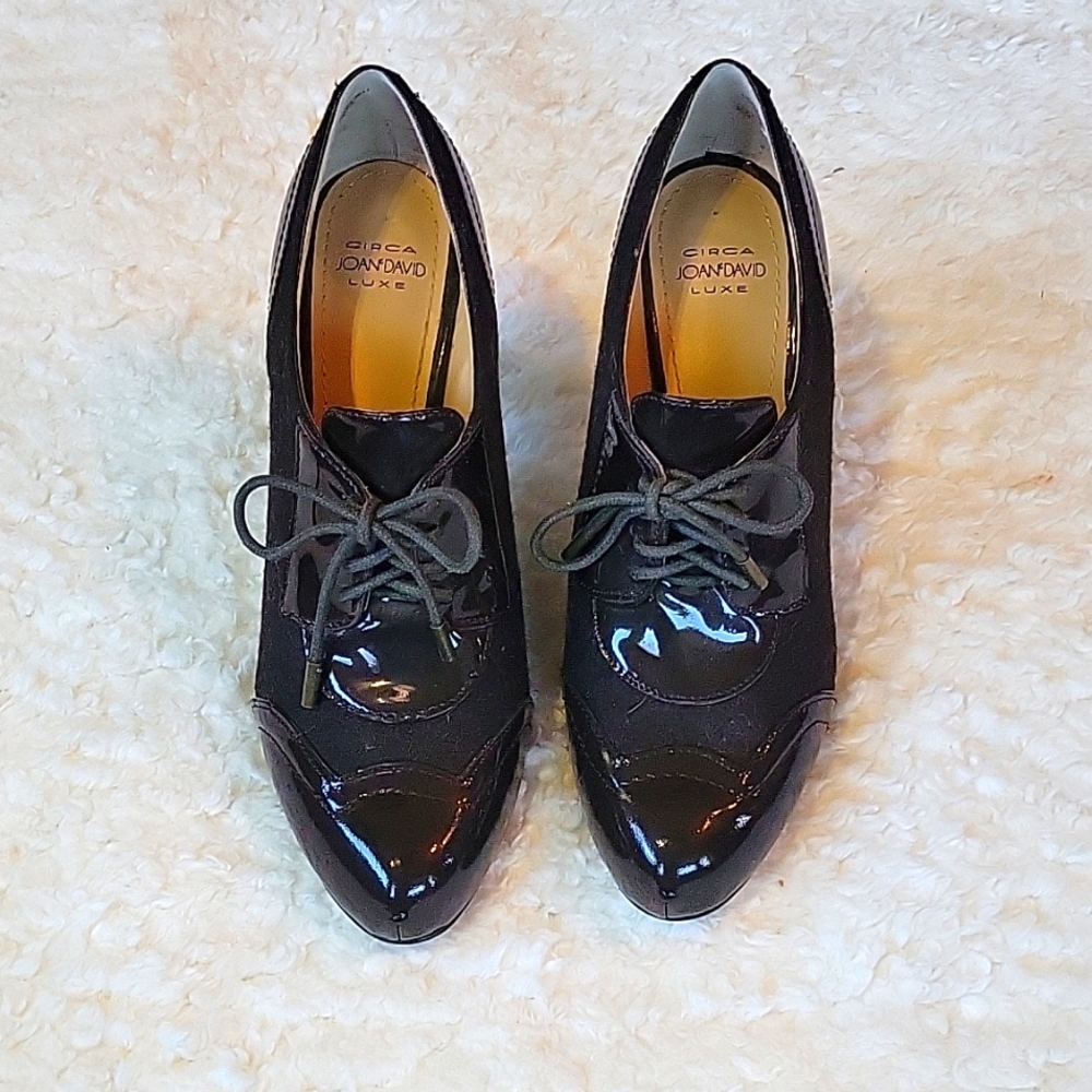 Joan & David Black Patent Wingtip Lace-Up Heels